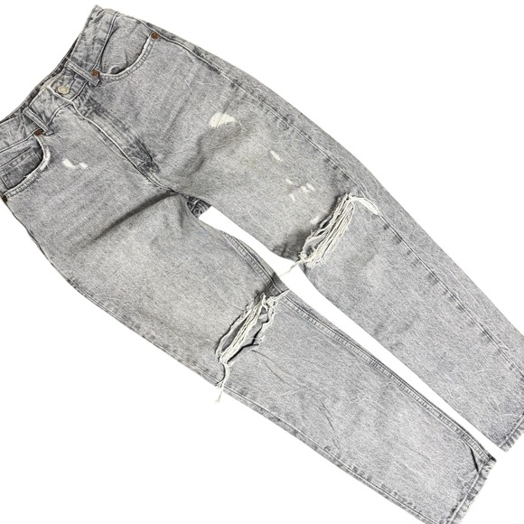 Zara Denim - Zara High Waisted Distressed Straight Leg Jeans Grey Acid Wash Size 2